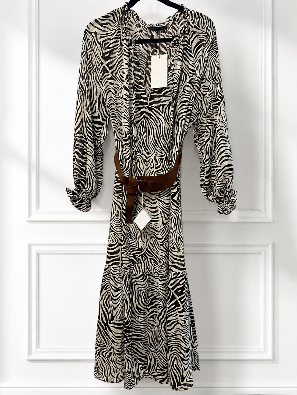 Zara Zebra Animal Print Belted Midi Dress L NWT - Picture 9 of 11